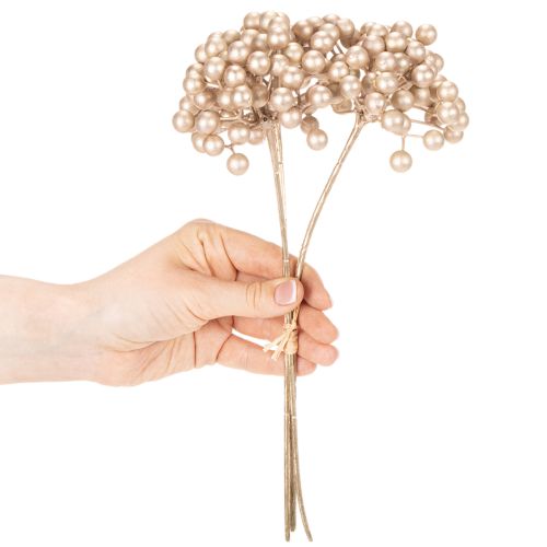Dirbtinė uogų šakelė, šampano spalvos dekoracija, 28 cm, 3 vnt. | Floristik24.lt