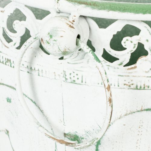 daiktų Reljefinis metalinis vazonas su rankenėlėmis, baltas ir žalias, „shabby chic“ stiliaus, aukštis 22/19,5/17,5 cm, Ø 25,5/20,5/15,5 cm, 3 vnt. rinkinys