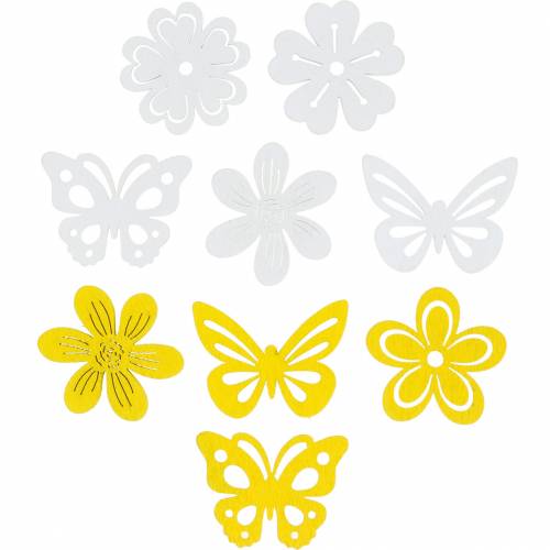 Floristik24 Gėlės ir drugeliai geltonai pabarstyti, baltos spalvos medžio pabarstyti apdaila pavasarinė dekoracija 72vnt