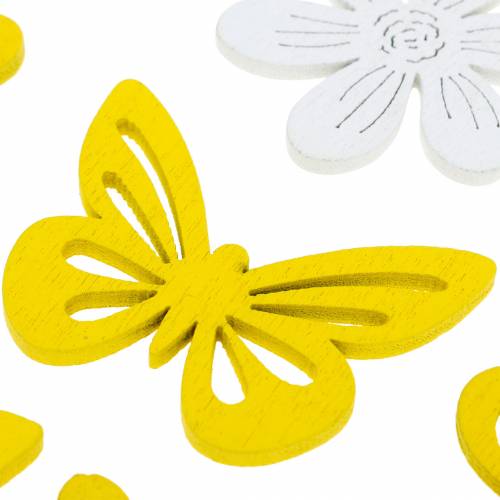 daiktų Gėlės ir drugeliai geltonai pabarstyti, baltos spalvos medžio pabarstyti apdaila pavasarinė dekoracija 72vnt
