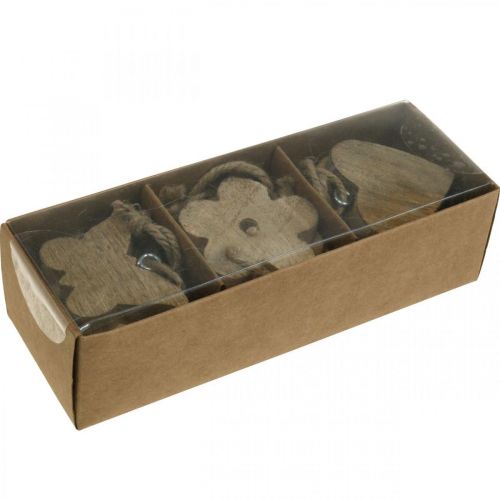 Floristik24 Medinis pakabukas, gėlių drugelio širdelė, pavasarinė puošmena natūrali H5,5/4cm 12 vnt