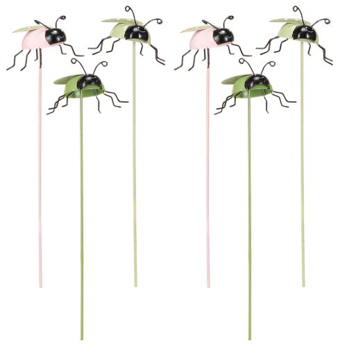 daiktų Flower Stick Ladybug Metal Green Pink 7x4cm 6 Vnt