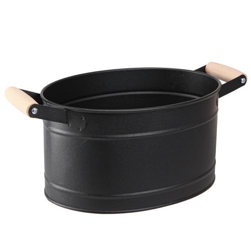 daiktų Gėlių vazonas metalinė ovali rankena juoda natūrali 34x19,5x15cm