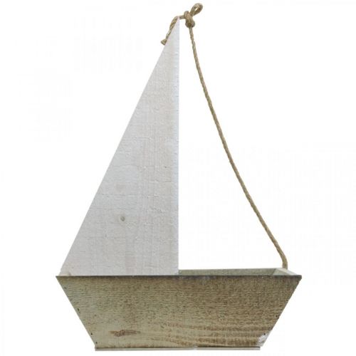 Floristik24 Dekoratyvinis laivas, jūrinė medinė apdaila, burlaivis sodinti baltas, natūralus A37cm L25,5cm