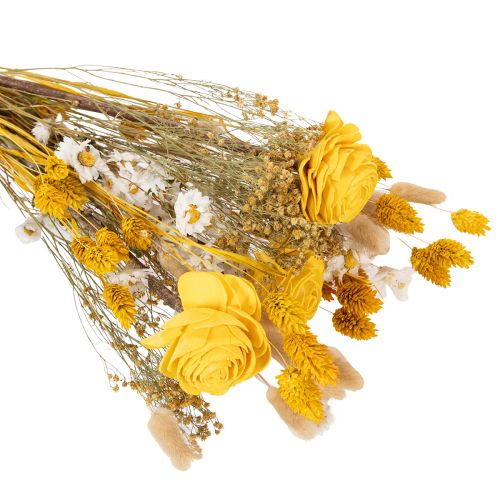 daiktų Džiovintų gėlių puokštė su rožėmis, pagaminta iš sola medienos. Elegantiška puokštė natūraliam namų dekoravimui. 50 cm.