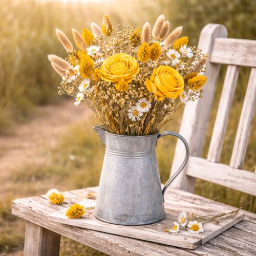 daiktų Džiovintų gėlių puokštė su rožėmis, pagaminta iš sola medienos. Elegantiška puokštė natūraliam namų dekoravimui. 50 cm.