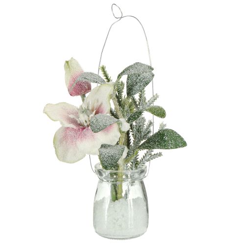 Dirbtinė kalėdinė rožė stiklinėse dirbtinėse gėlėse pakabinimui, aukštis 22 cm