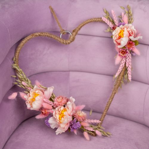 „Pasidaryk pats“ dėžutės širdelės puošimo kilpa su bijūnais ir džiovintomis gėlėmis rožinė 33 cm