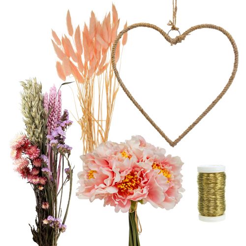 daiktų „Pasidaryk pats“ dėžutės širdelės puošimo kilpa su bijūnais ir džiovintomis gėlėmis rožinė 33 cm