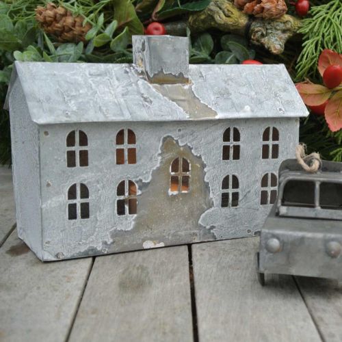 daiktų Namo žibintuvėlis metalinis, kalėdinė puošmena, skurdus prašmatnus, baltai skalbtas, senovinės išvaizdos H12,5cm L17,5cm