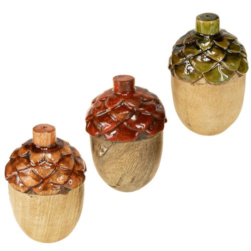 Dekoratyvinės gilės, medinės stalo dekoracijos, žalios, oranžinės, raudonos, aukštis 10 cm, 3 vnt.