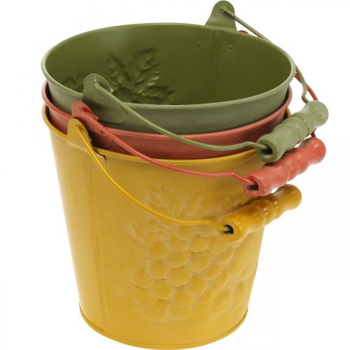 daiktų Dekoratyvinis kibiras su skalbtais vaisiais geltona, oranžinė, žalia Ø15cm H14cm rinkinys iš 3 vnt.