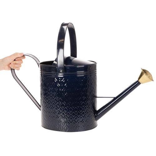 Dekoratyvinė laistytuvas, vintažinio stiliaus mėlynos ir auksinės spalvos languotas metalas, retro dizaino, skirtas naudoti viduje, sode ar balkone, 65 cm | Floristik24.lt