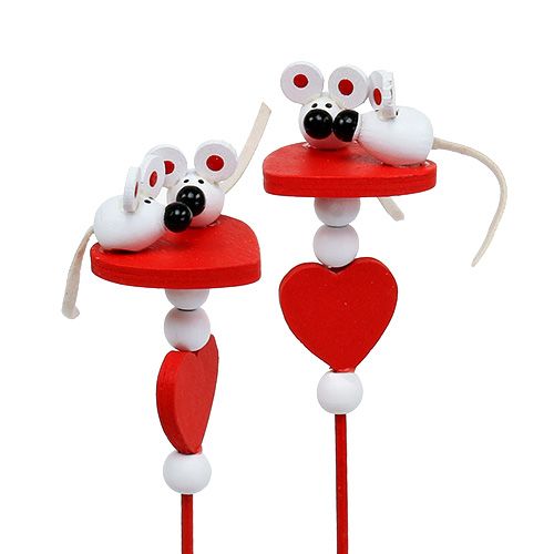 Floristik24 Dekoratyvinės širdelės su pelėmis ant pagaliuko raudona 12vnt