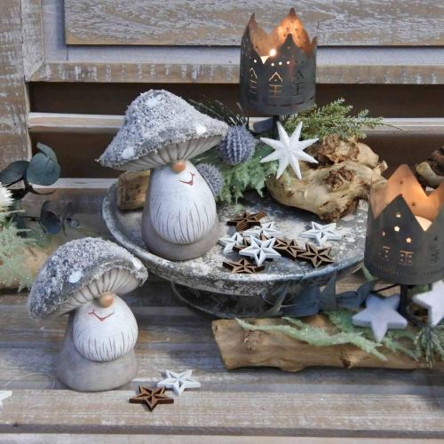 Floristik24 Deco grybų gnome figūrėlė grybo gnome pilka, balta 7×9cm 2vnt