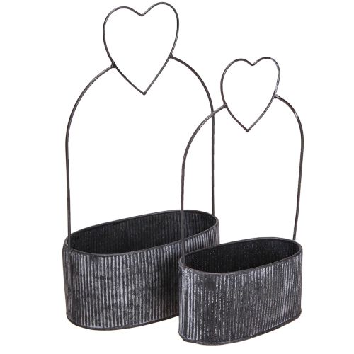 Dekoratyvinis dubuo ovalus metalinis su širdele juoda 20/16cm rinkinys po 2 vnt