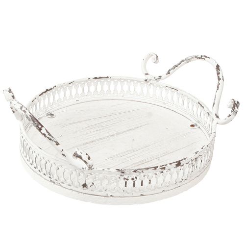 Floristik24 Dekoratyvinis padėklas metalinė balta rankena shabby chic Ø20cm H8cm