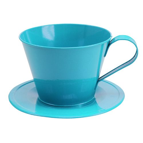 Floristik24 Metalinis puodelis su mėlyna lėkšte Ø16cm H11cm