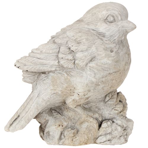 Dekoratyvinė paukščio figūrėlė, žvirblis, lieto akmens, baltai nuskalbta, aukštis 12,5 cm
