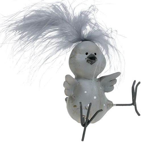 Floristik24 Dekoratyvinis paukštelis pilkas su plunksnomis komplekte 8cm 4vnt