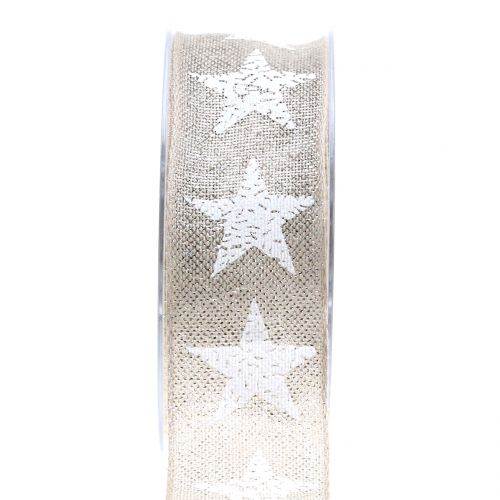 Floristik24 Kalėdinė juostelė su žvaigždžių raštu natūrali, sidabrinė 40mm 15m