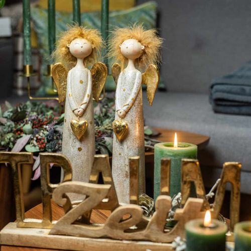 daiktų Dekoratyvinės figūrėlės angelas su širdele Auksinis Kalėdų angelas 11,5 × 7,5 × 37 cm