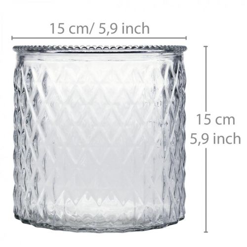 Floristik24 Dekoratyvinis stiklas, žibintas su deimantiniu raštu, stiklinis indas Ø15cm H15cm