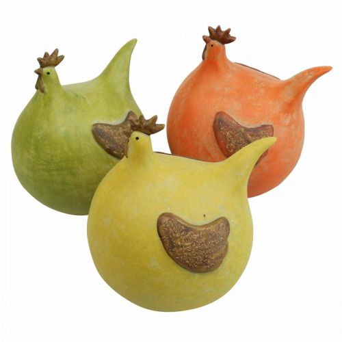 Floristik24 Deco vištiena Spalvingi Velykų papuošimai Žalia/Geltona/Oranžinė 13cm 3vnt.