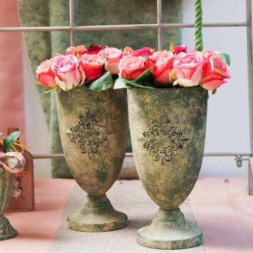 Floristik24 Dekoratyvinis metalinis puodelis su ornamentu samanų žalia, smėlio spalvos Ø16cm H31cm