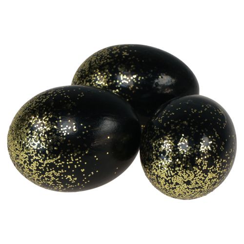 Dekoratyviniai velykiniai kiaušiniai tikras žąsies kiaušinis juodas su aukso blizgučiais H7,5–8,5 cm 10 vnt.
