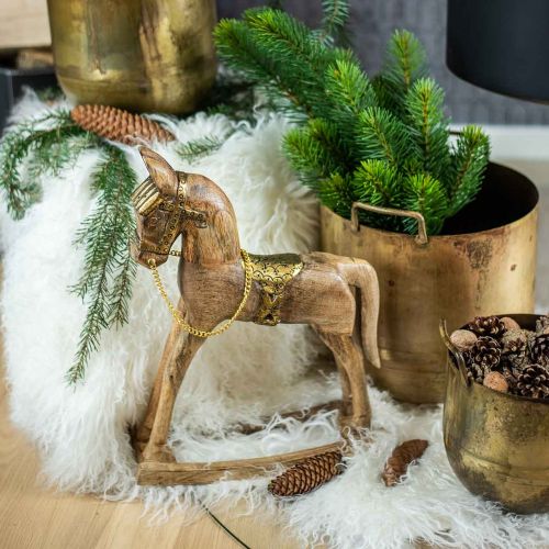 daiktų Dekoratyvinis supamasis arkliukas medžio masyvo kalėdinė natūra, auksinė 28 × 39 × 9,5 cm