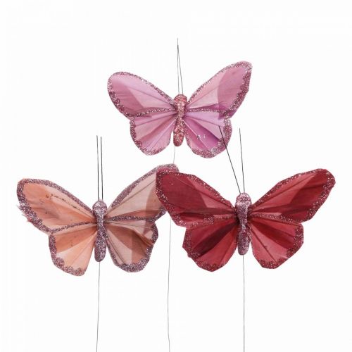 Floristik24 Deco drugelis ant vielos plunksnos drugelis rožinis 10×6cm 12vnt