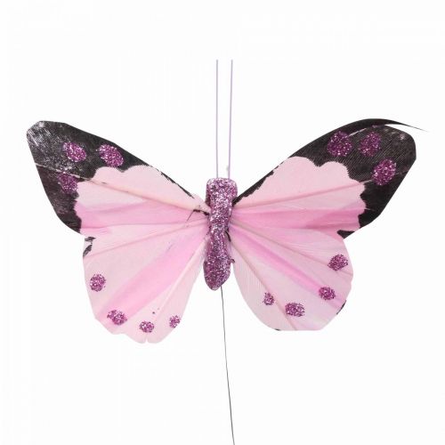 Floristik24 Deco drugelis ant vielos plunksnų drugeliai purpuriniai/rožiniai 9,5cm 12vnt
