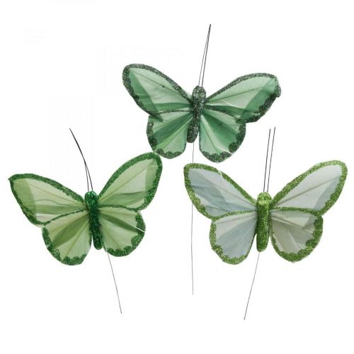 Dekoratyviniai drugeliai žali plunksniniai drugeliai ant vielos 10cm 12vnt
