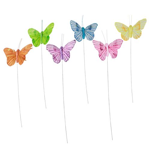 Dekoratyviniai drugeliai ant vielos spalvingos plunksnos 5,5×8cm 12vnt