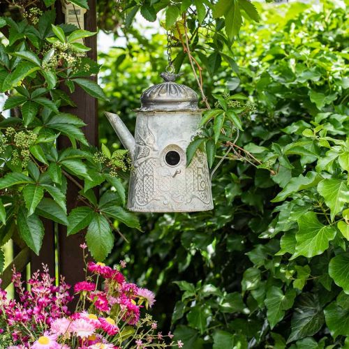 Floristik24 Dekoratyvinis vintažinis paukščių namelis, metalinis dekoratyvinis ąsotis, skirtas pakabinti H28,5 cm