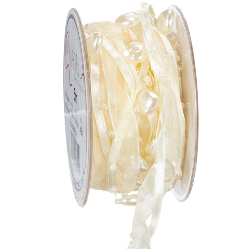 Floristik24 Dekoratyvinė juostelė, kreminė, širdelės, perlai, vestuvių dekoracija, 10 mm, 5 m