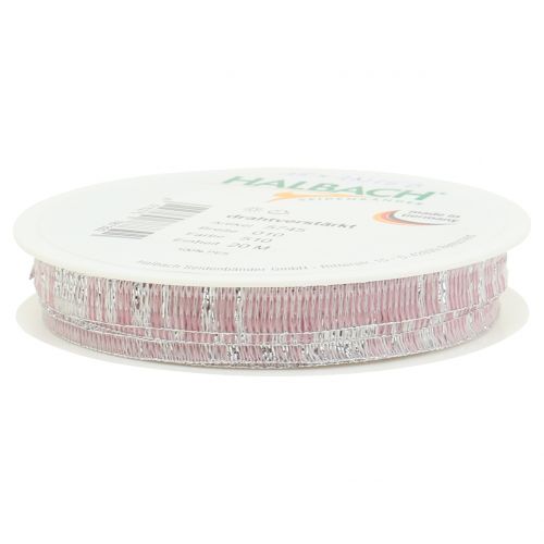 Floristik24 Deko juostelė rožinė su sidabrine Lurex viela sustiprinta 10mm 20m
