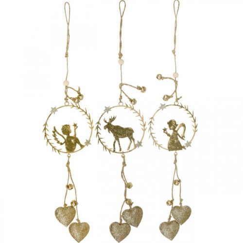 daiktų Deco pakabos langas, metalinis vainikas Adventas, angelas, elnias Ø9cm rinkinys iš 3