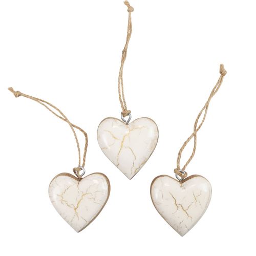 daiktų Dekoratyvinės kabyklos medinės medinės širdelės natūralios baltos/auksinės craquelure 6cm 8vnt