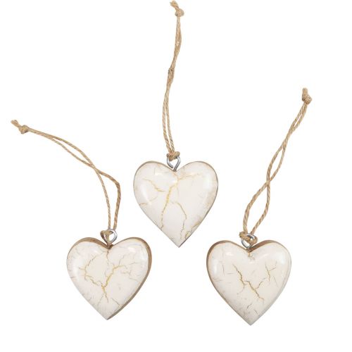 Floristik24 Dekoratyvinės kabyklos medinės medinės širdelės natūralios baltos/auksinės craquelure 6cm 8 vnt