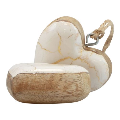 daiktų Dekoratyvinės kabyklos medinės medinės širdelės natūralios baltos/auksinės craquelure 6cm 8 vnt