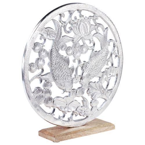 Dekoratyvinis žiedas metalinis medinis pagrindas sidabrinis lotoso koi papuošalas Ø32cm