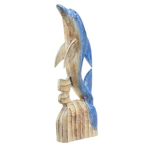 Delfinų figūrėlė jūrinė medinė dekoracija rankomis raižyta mėlyna H59cm