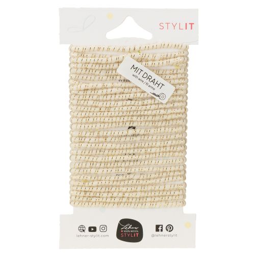 daiktų Vilnonė virvelė, balta, su auksiniais siūlais, 5 m x 5 mm, su viela dekoravimui ir rankdarbiams