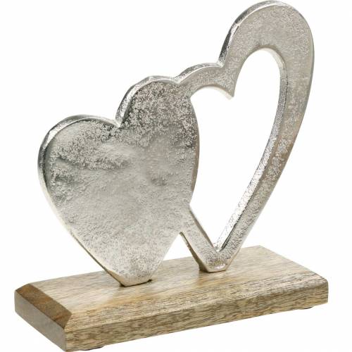 Floristik24 Dekoratyvinė širdelė sidabrinė, metalinė širdelė ant mango medžio, Valentino diena, stalo puošmena dviguba širdelė