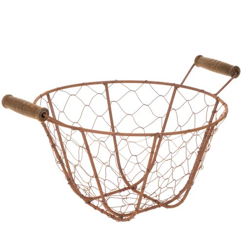 Vintažinis apvalus vielinis krepšelis su medinėmis rankenomis, metalinis krepšelis, rūdžių spalvos, Ø22 cm pirkti | Floristik24.lt