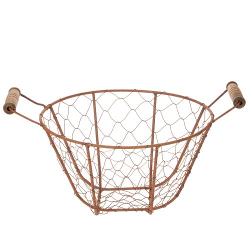 Vintažinis apvalus vielinis krepšelis su medinėmis rankenomis, metalinis krepšelis, rūdžių spalvos, Ø22 cm | Floristik24.lt