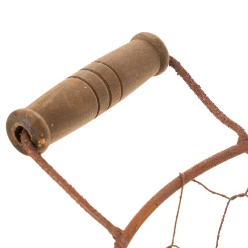 Vintažinis apvalus vielinis krepšelis su medinėmis rankenomis, metalinis krepšelis, rūdžių spalvos, Ø22 cm | Floristik24.lt