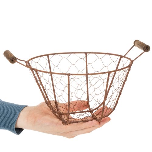 Vintažinis apvalus vielinis krepšelis su medinėmis rankenomis, metalinis krepšelis, rūdžių spalvos, Ø22 cm | Floristik24.lt